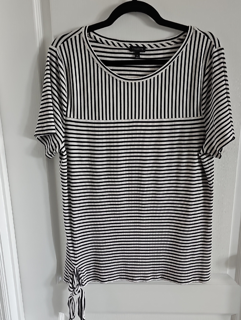 Talbots Black & White Striped Short Sleeve Tie-Side Top